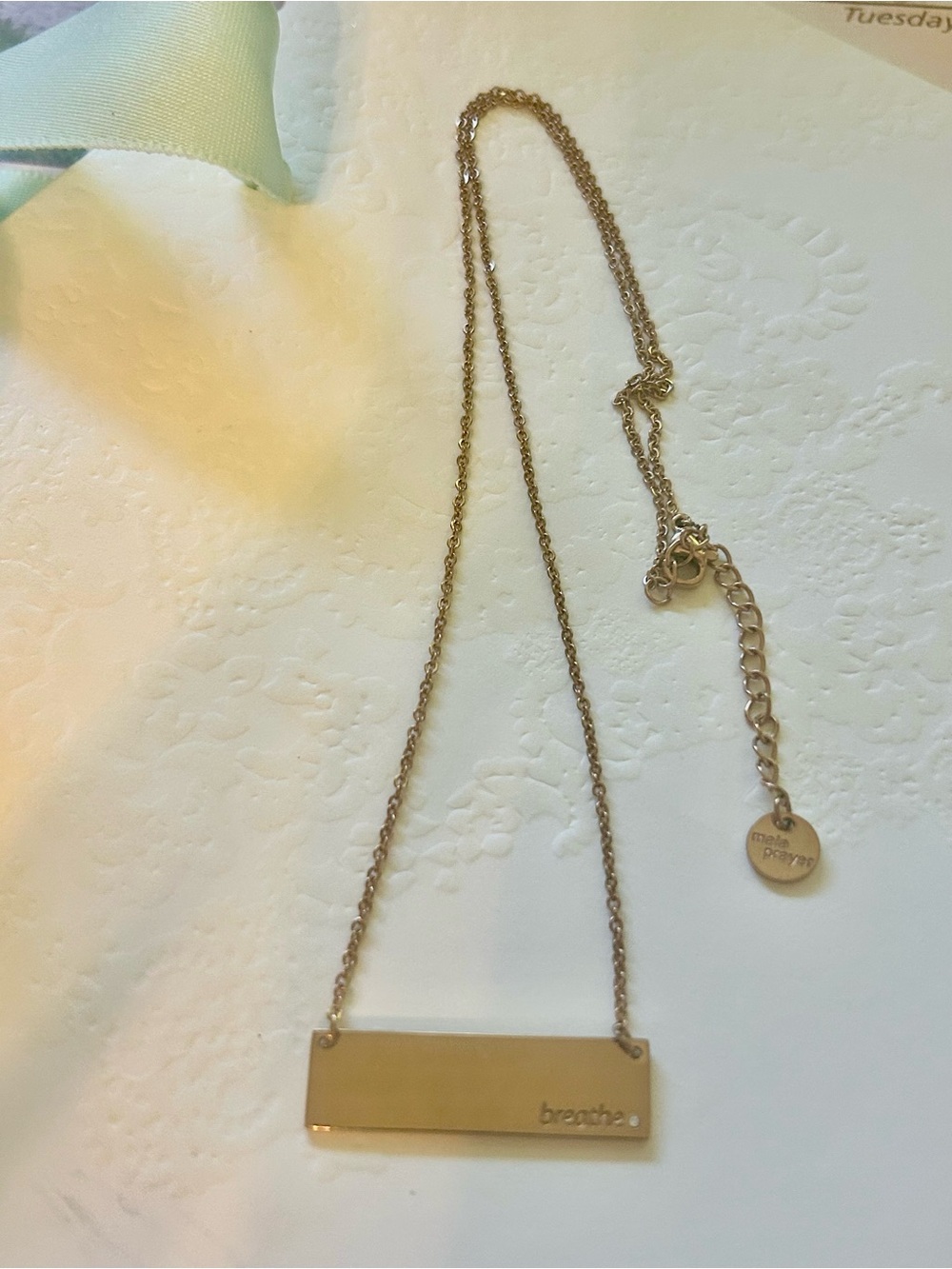 Mala Prayer Polished Gold Bar Pendant Necklace - "Breathe"